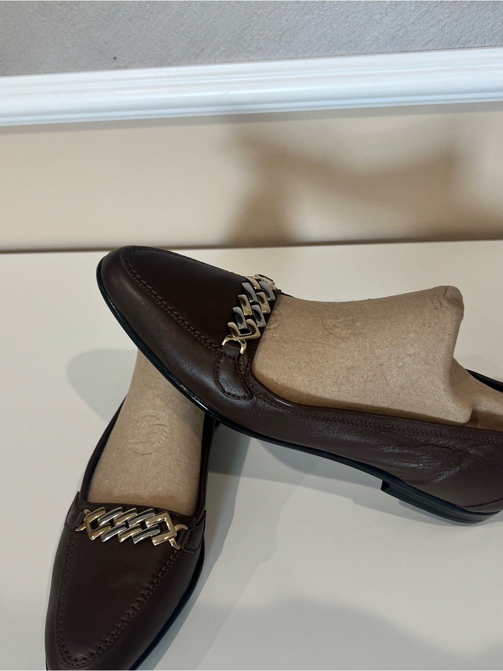 Made in Italy Amalfi Brown Leather Women's Loafers with Gold Chain Accent